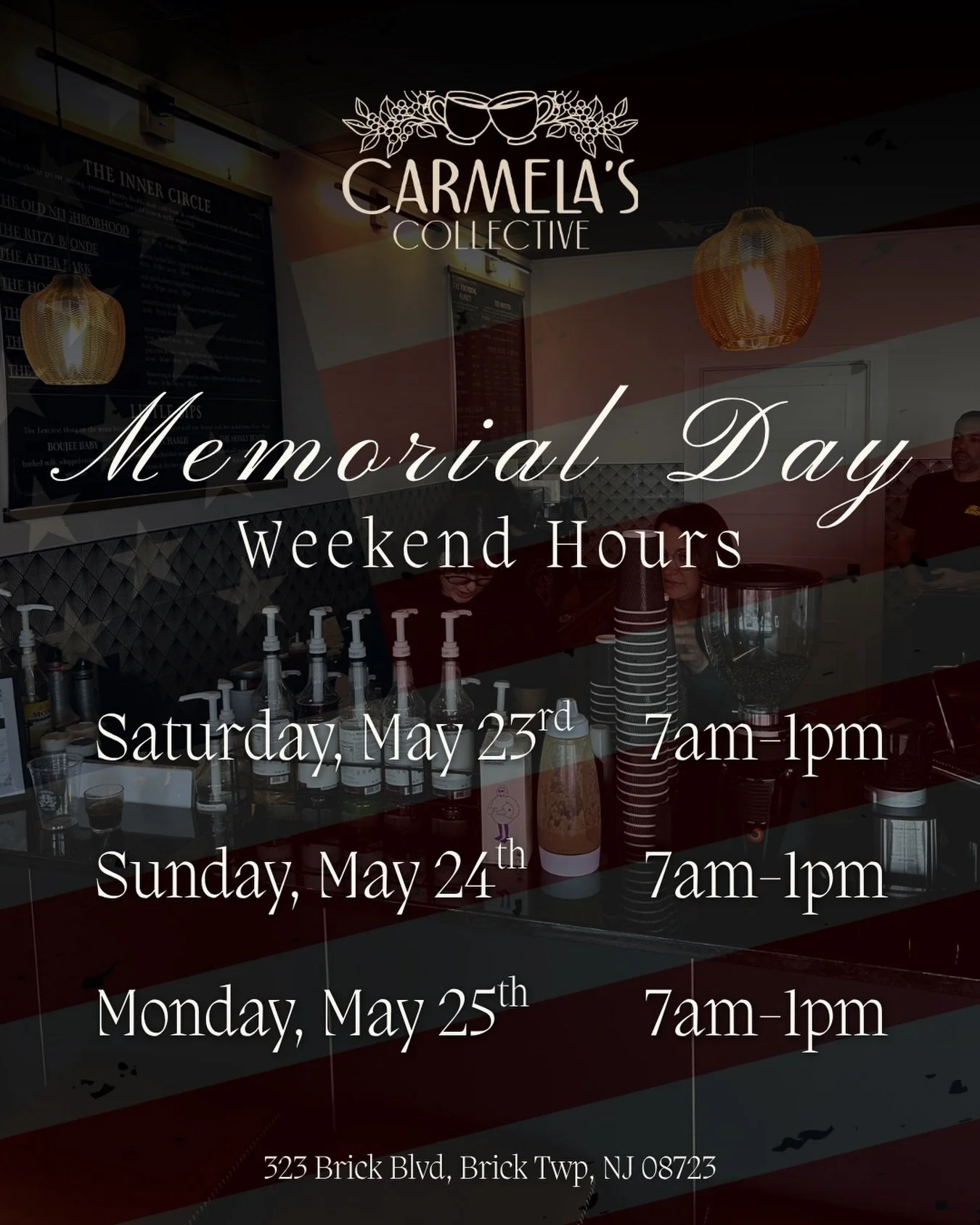 Red, white, and brewed 🇺🇸☕
Holiday weekend hours are here&hellip; swing by for your weekend coffee fix.😉

ALSO&hellip; there will be live music by @songbirdofficialmusic Sunday from 9-11AM

#MDWHours #CarmelasCollective