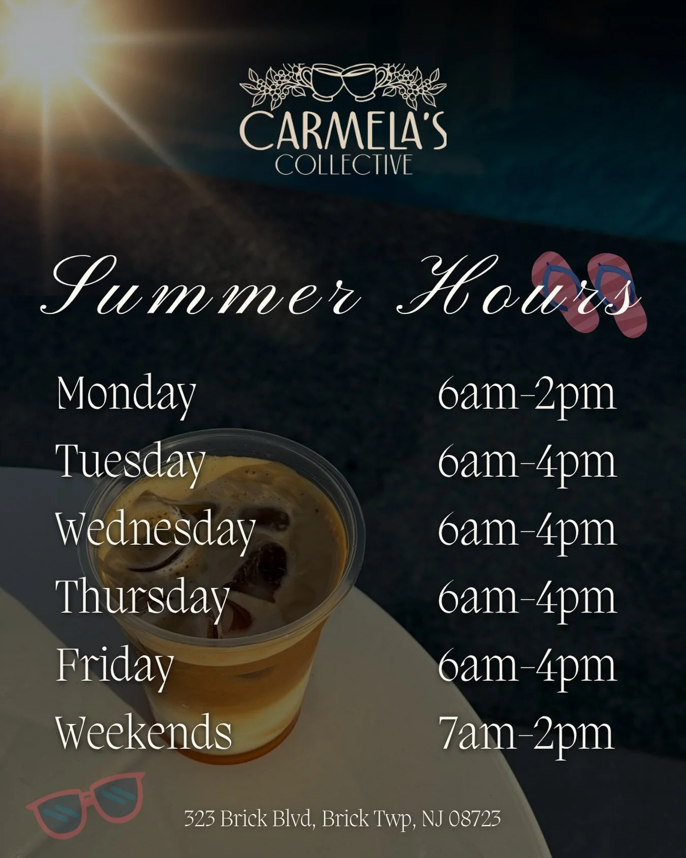 Summer just got a little sweeter ☀️

Our new summer hours are officially in effect:  more coffee runs, more slow mornings, and more reasons to stop by this season!

See you soon🌴🧋

#CarmelasCollective #SummerHours