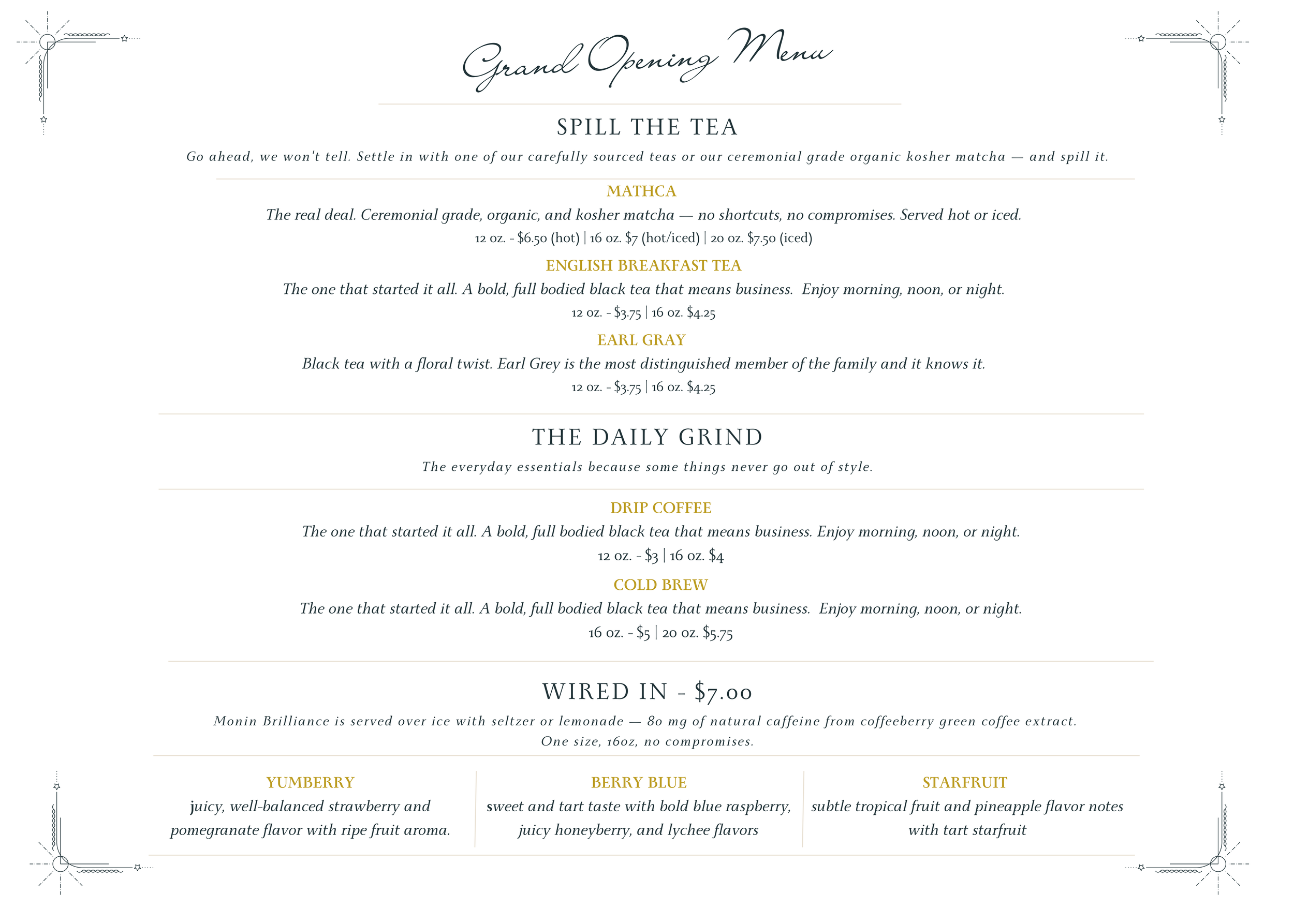 Grand opening menu for Carmela's Collective with coffee/tea items and descriptions.
