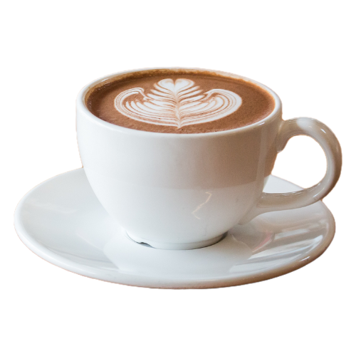 A vintage  white ceramic cup of hot coffee with latte art on top, placed on a matching white saucer for Carmela's Collective.