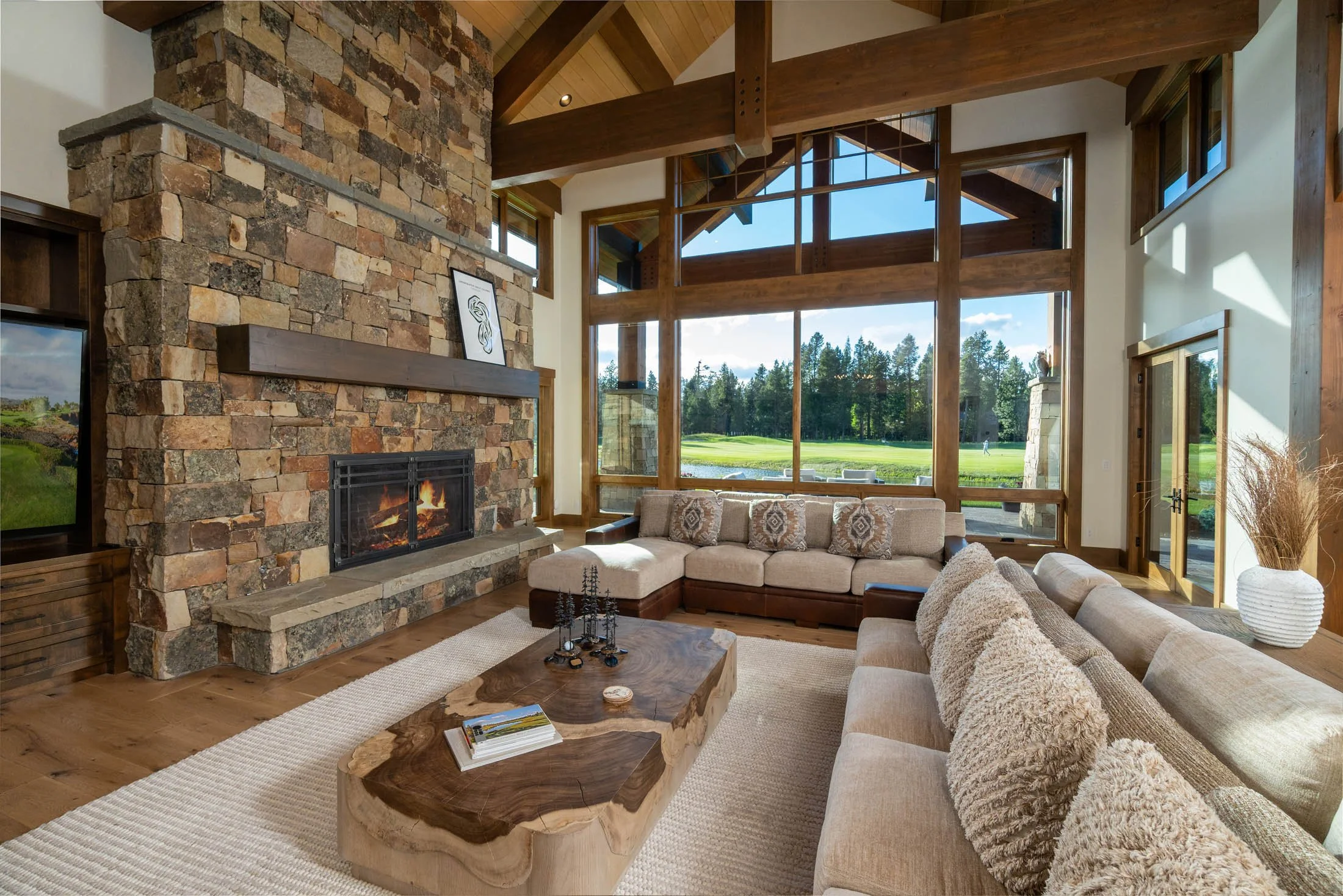 Structural grandeur defines this modern estate in Crosswater Central, Oregon. Massive exposed timber beams anchor the structure. Architecturally designed by Spencer Williams and masterfully crafted by Pacwest Builders.
