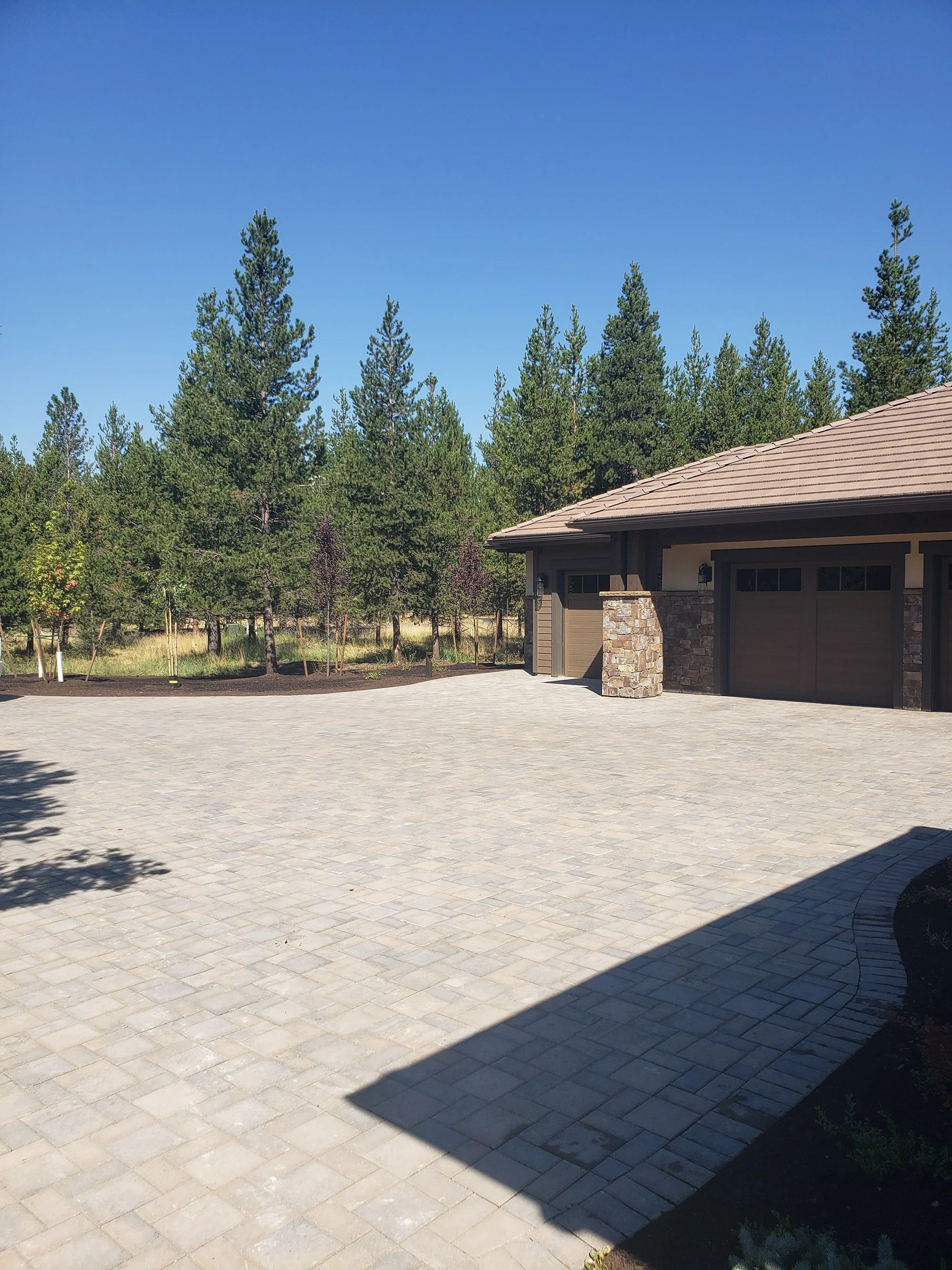 A paved driveway in front of a house with a garage, surrounded by trees and a clear blue sky.