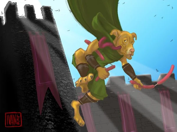  "Roux" 

 This is Roux as a silly fantasy rogue. Roux was my client's beloved departed canine. Part of a series of pet portraits which were used for custom Magic the Gathering trading cards for their spouse as a Christmas gift. 

 2025