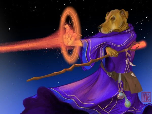  "Figi" 

 A wizardly version of my client's beloved departed canine, Figi. Part of a series of pet portraits which were used for custom Magic the Gathering trading cards for their spouse as a Christmas gift. 

 2025