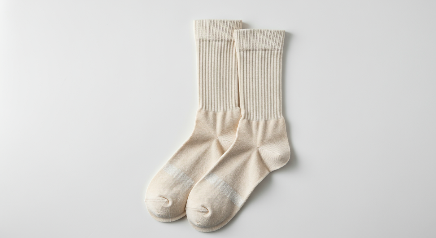 Pair of beige crew socks placed on a white surface.