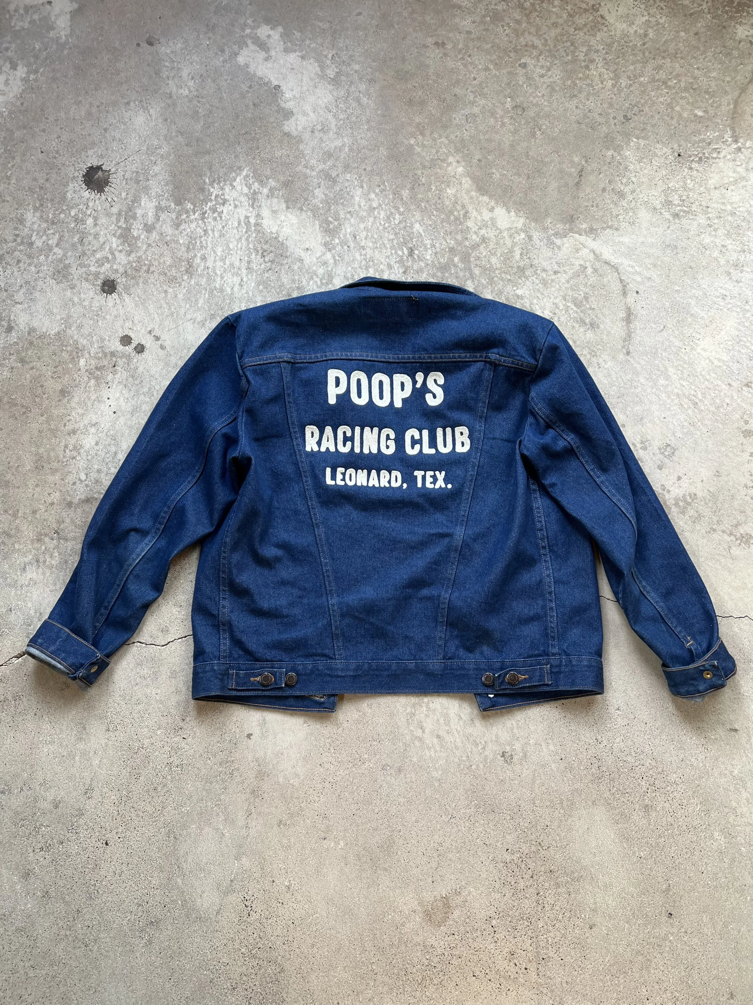 Vintage Racing jacket with hand cranked chainstitch embroidery made in Dallas Texas by a custom local shop near downtown Dallas, who offers live on site chainstitch embroidery services for live, corporate and brand activation events