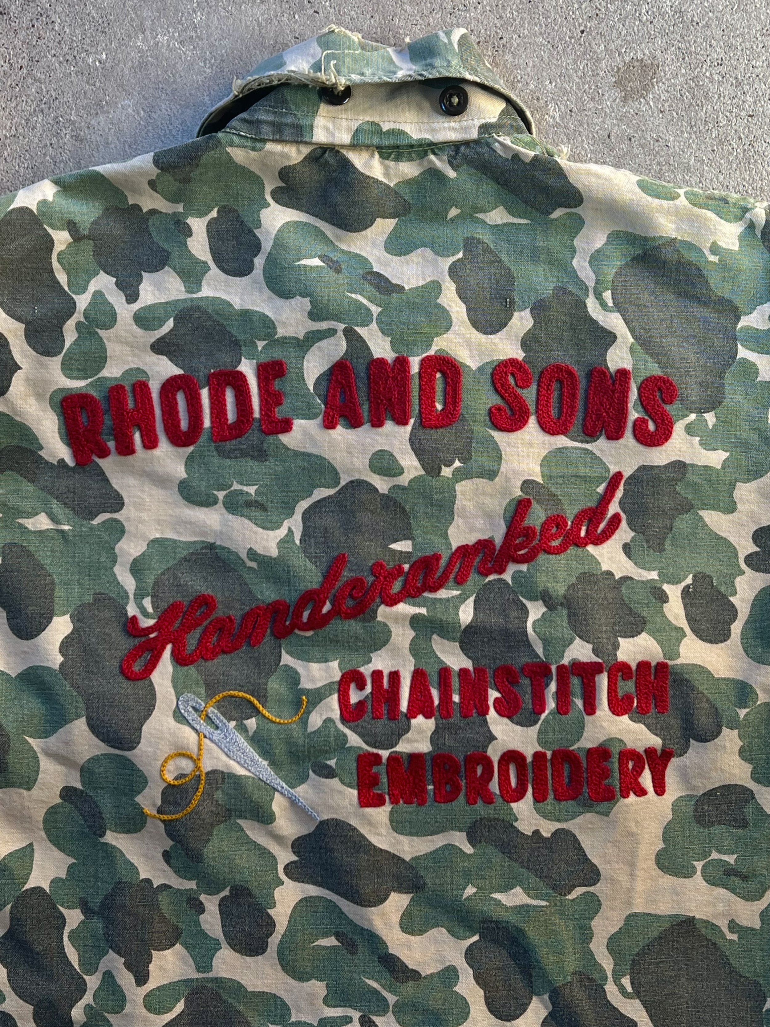 Chainstitch embroidery jacket custom made by Rhode and Sons a local Dallas Texas shop offering chainstitch embroidery services and onsite chainstitch activations for brands, weddings and more.