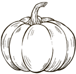 A pumpkin illustration with a curved stem on top.