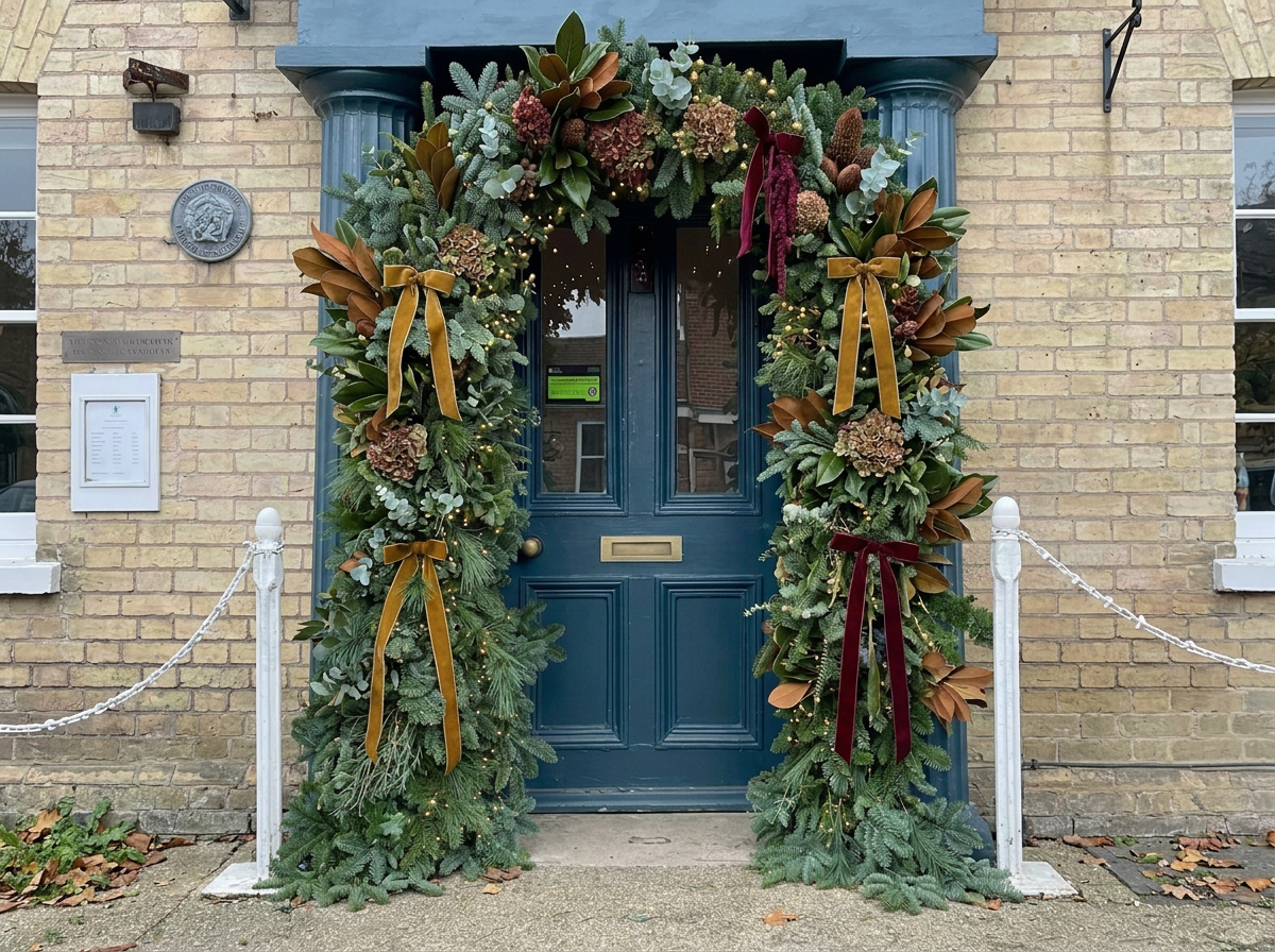 A doorway decorated with live Christmas garland, also known as an entryway arch, entryway decor, exterior holiday decor, Christmas exterior foliage. Professional Christmas decorator, professional Holiday decorator and stylist.