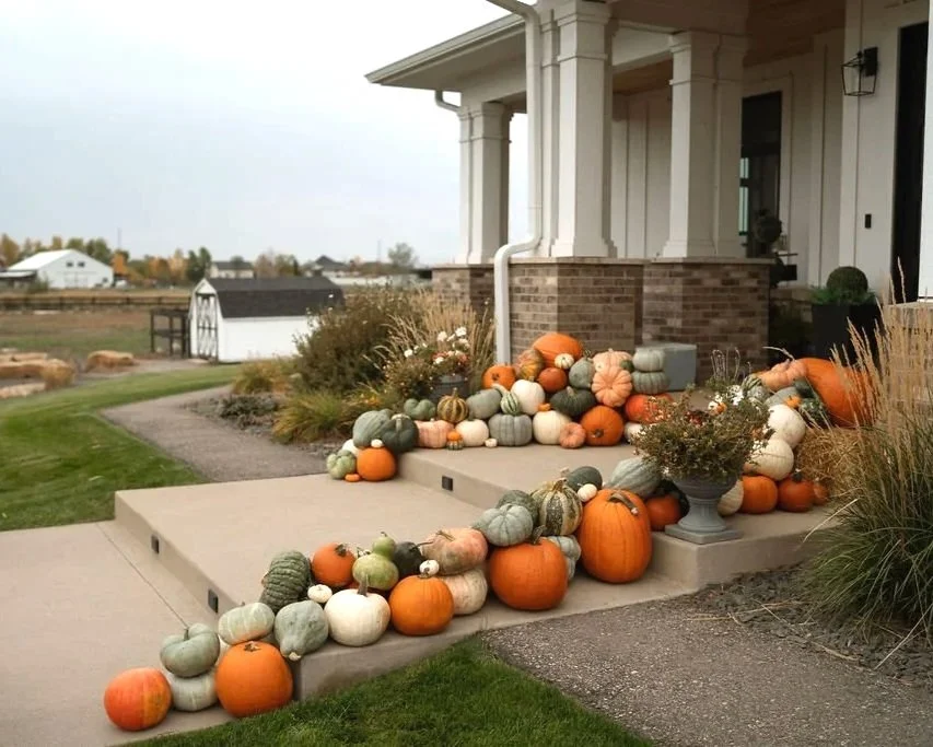 A variety of pumpkins and gourds arranged along the steps and porch of a suburban house during fall.
