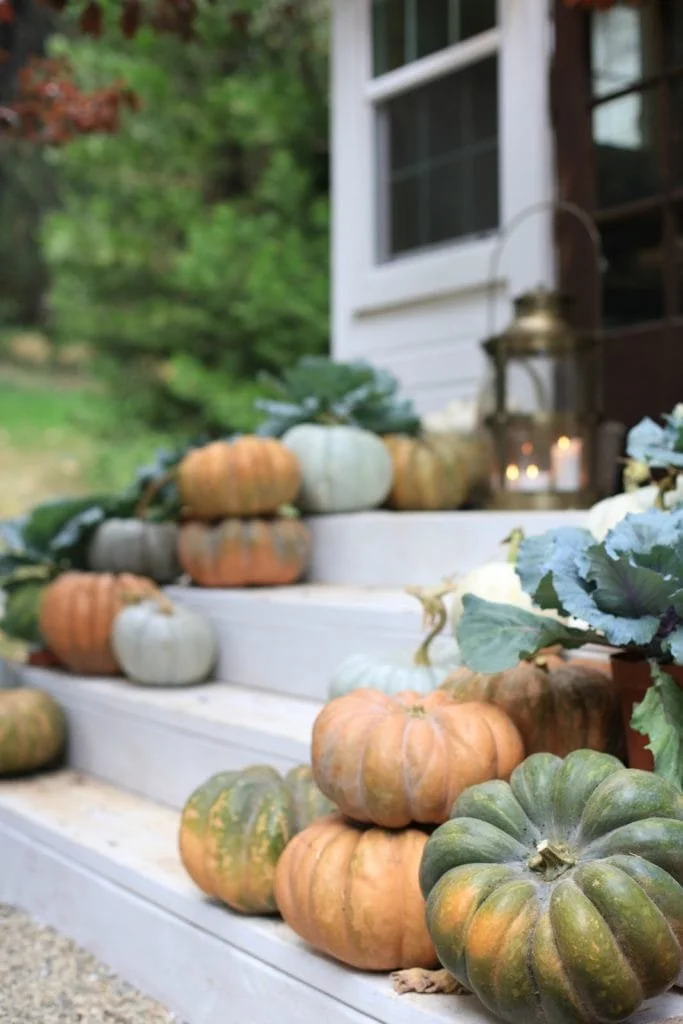 A staircase decorated with various pumpkins in shades of orange, white, and green, with greenery and a lantern in the background.