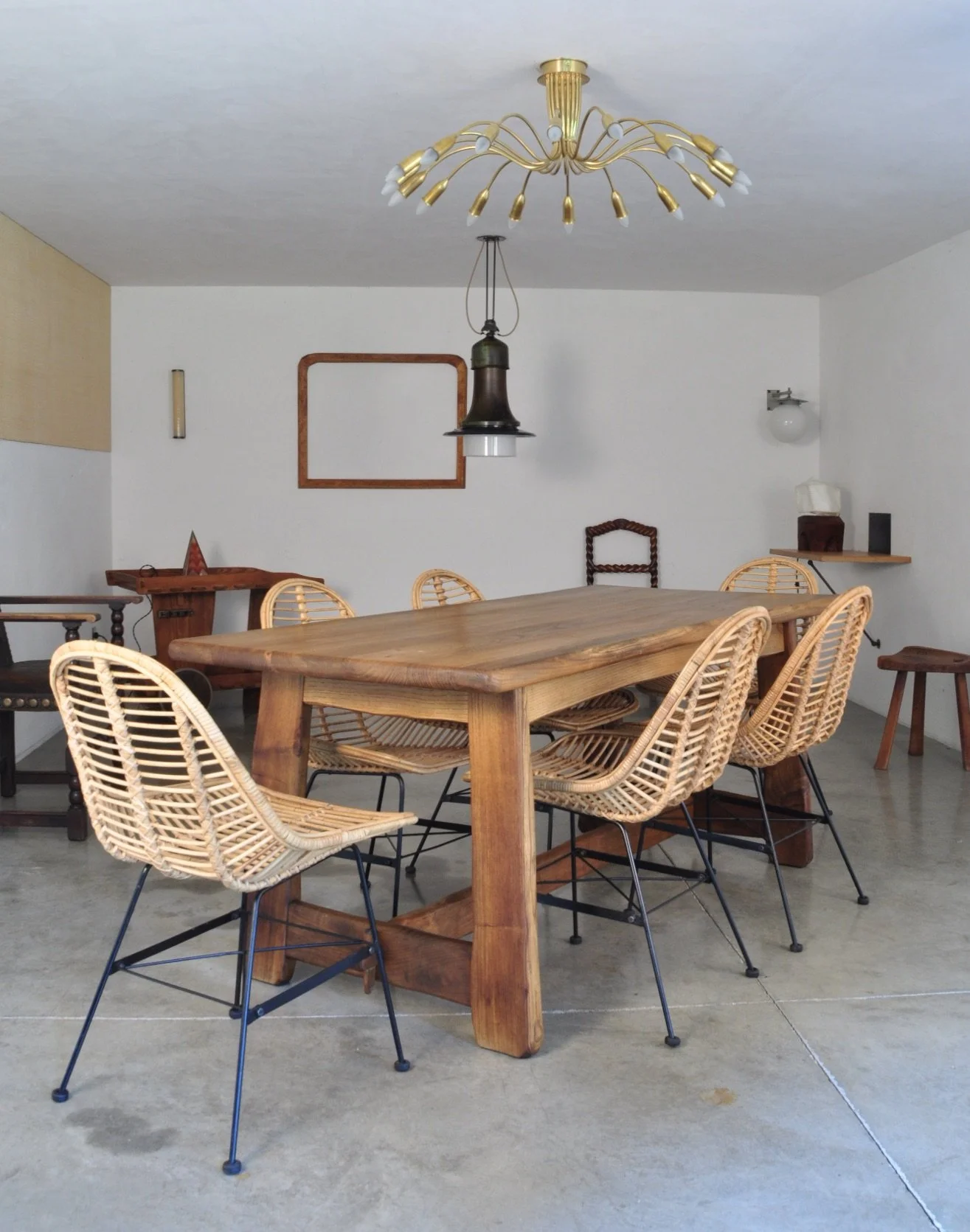 Ash Wood Dining Table, Switzerland Circa 1970 with Eight Wicker Chairs, Italy 1960s