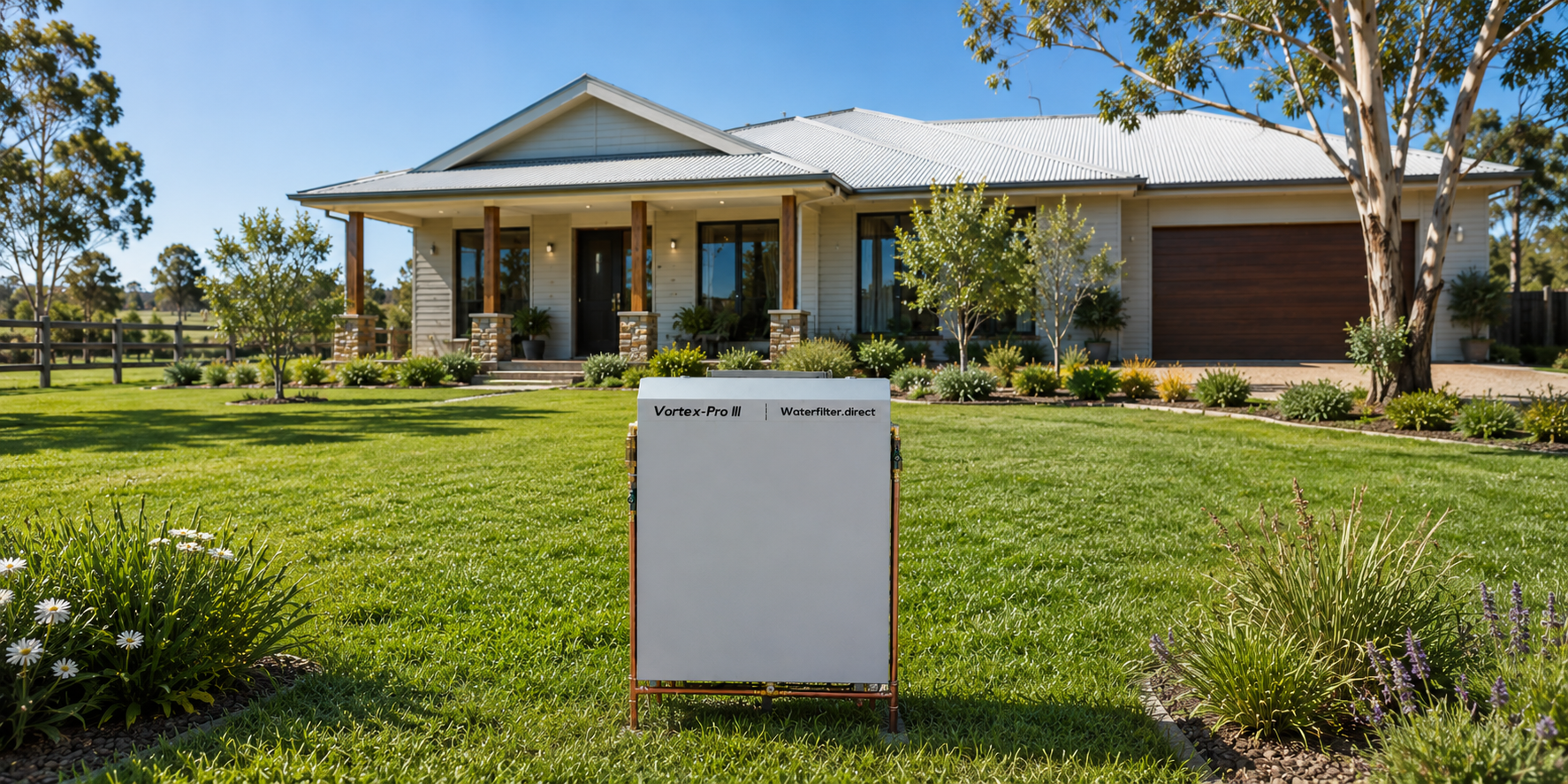 A suburban house with a metal roof, front porch, and a large driveway, surrounded by a well-maintained lawn and garden, with a white water filtration system labeled 'Vortex-Pro III' in the foreground.
