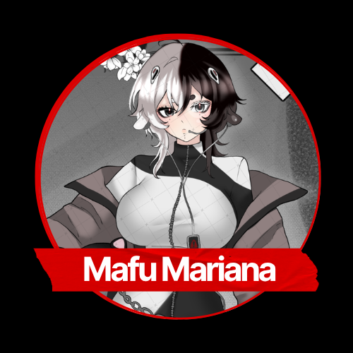 An illustrated female character with black and white hair, wearing a black and white top with a large chest, a gray jacket, and a necklace, surrounded by a red circular border with a banner that reads "Mafu Mariana."