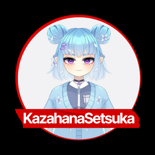 Anime-style girl with blue hair tied in buns, wearing a blue jacket, with the name Kazahana Setsuka written in red on a black background.