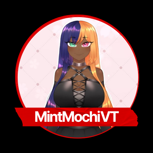 Anime-style character with half purple and half orange hair, with heterochromatic eyes, wearing a black lace-up top, inside a circular logo with a red banner displaying the text 'MintMochiVT'.
