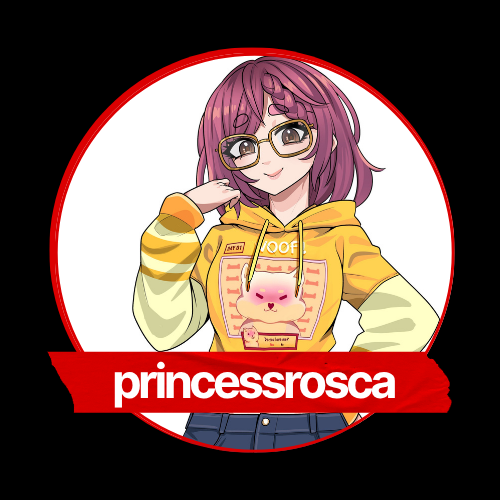 Anime-style girl with purple hair and glasses wearing a yellow hoodie with a cute animal face, holding her glasses, and standing in front of a red ribbon that says 'princessrosca'.