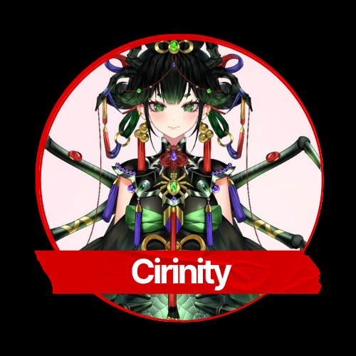 Anime-style character with long black hair adorned with colorful accessories, wearing a detailed dark outfit with gold and purple accents, and a red banner with the name 'Cirinity' at the bottom.