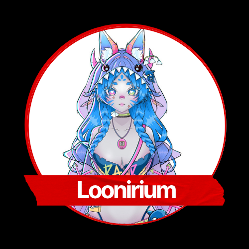 Anime-style character with blue hair, fox ears, and a choker, surrounded by a circular black and red border with the text 'Loonirium' at the bottom.