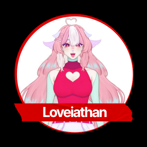 Anime-style character with long pink and lavender hair, wearing a red top with a heart cutout, inside a circular design with the word "Loveiathan" at the bottom.