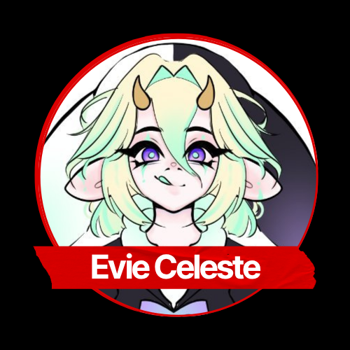 Animated character with blonde hair, purple eyes, small horns, and elf-like ears, smiling, with the name Evie Celeste on a red banner.