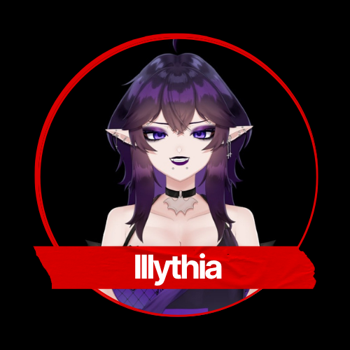 Anime-style character with purple hair, purple eyes, and elf-like ears, wearing a black top and choker, inside a red circle with a red banner displaying the name "Ilythia".