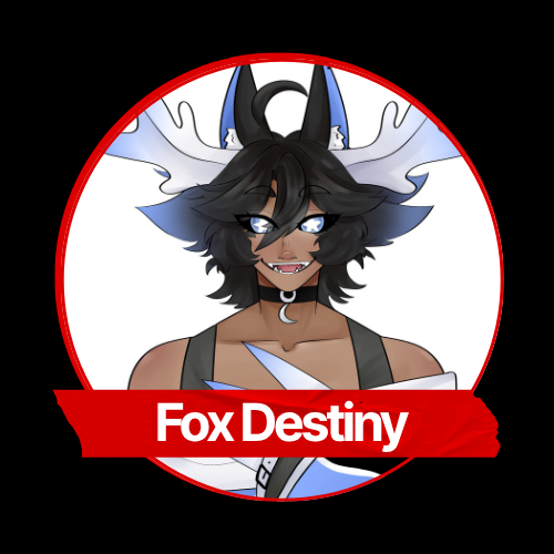 An animated anthropomorphic fox character with dark fur, blue eyes, and wolf-like features, wearing a headpiece with horns and a white and blue decorative element, with the text "Fox Destiny" below in red.