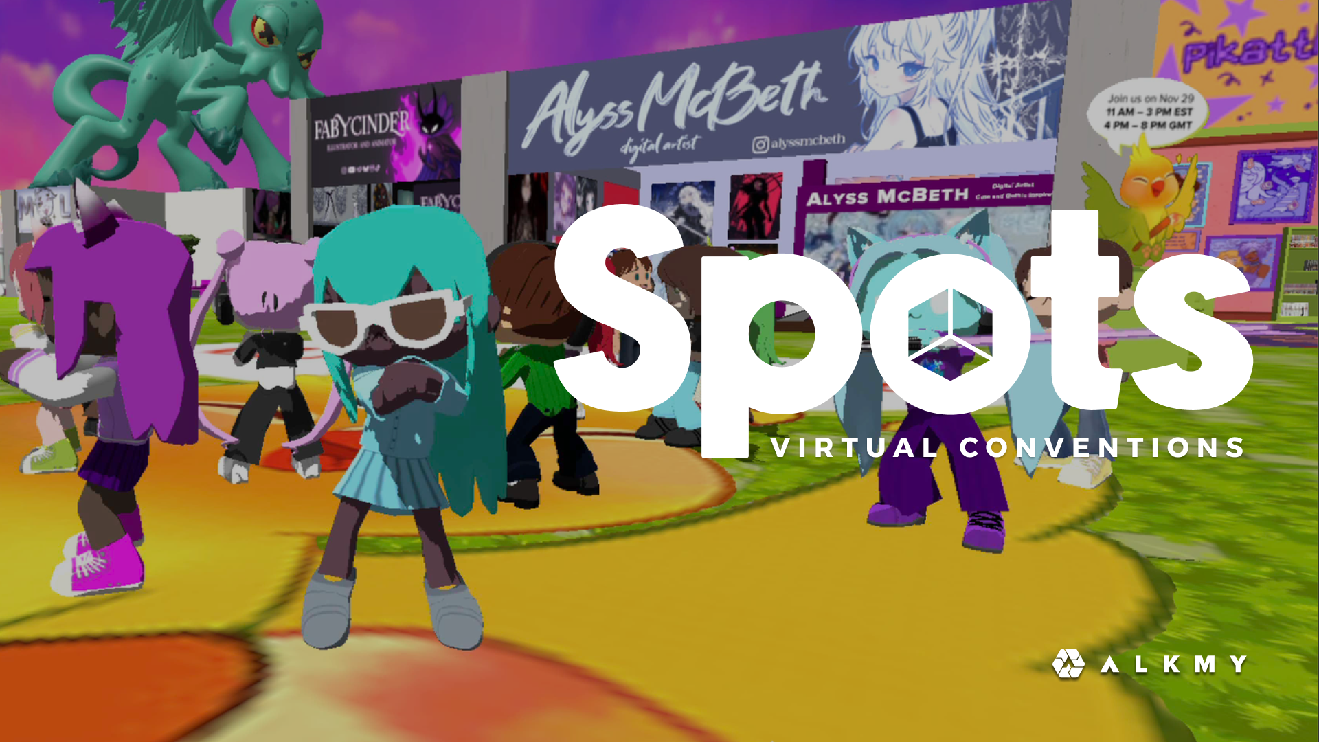 Virtual convention scene with animated characters, booth displays, and a large sign reading 'Spots Virtual Conventions' overlay, promoting a virtual event.