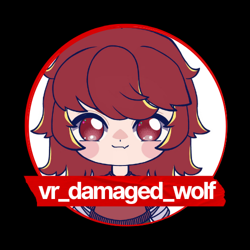 Cartoon illustration of a cute girl with large eyes, big hair, and a gentle smile, enclosed in a red circular border with a red banner at the bottom displaying the text 'vr_damaged_wolf.'