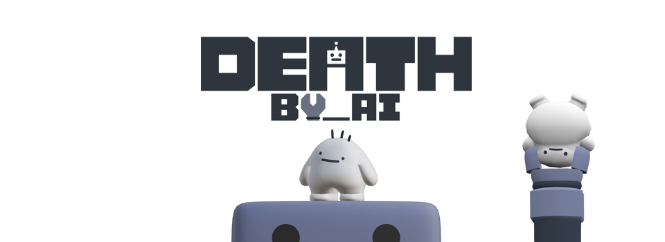 Stylized digital illustration featuring the title 'Death Boy' with pixelated text and two cartoon-like characters, one with a cat hat holding a stacked object and the other standing on a rectangular object, against a white background.