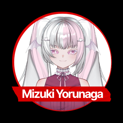 Anime-style illustration of a girl with white hair, purple eyes, bat wings, and twin ponytails, with the text 'Mizuki Yoranaga' in a red banner.