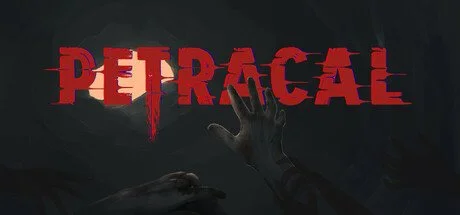 The word PETRAGAL in red, distorted text with a dark, shadowy background and a hand reaching upward.