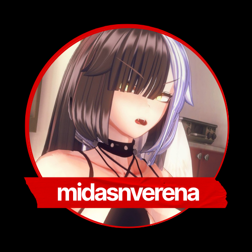 Anime-style character with dark hair, one eye covered, wearing a choker and revealing black outfit, inside a circular frame with red border and the text 'midasnverena' at the bottom.