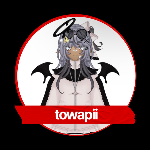 Anime-style character with gray hair, wearing black wings, glasses, and headphone, with a red banner that says "towapii"
