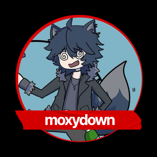A cartoon character with wolf ears and tail, blue tousled hair, and spiral eyes, wearing a black jacket. The character is inside a red circular border with a blue background. The word "moxydown" appears on a red ribbon at the bottom of the circle.