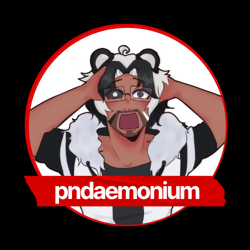 A cartoon character wearing glasses and with bear ears, holding their head with a distressed expression. The character has black and white hair and is dressed in a black and white striped shirt. The background has a circular red border with the text 'pndaemonium' at the bottom.