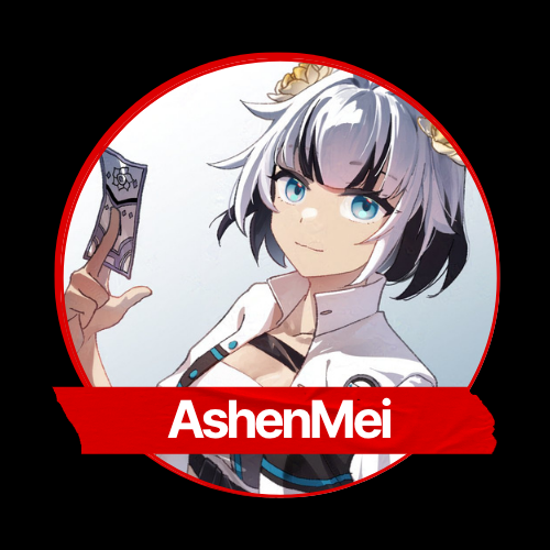 A digital illustration of a female anime character with short, gray hair and blue eyes, holding a gaming card, with a red banner displaying the name 'AshenMei'.