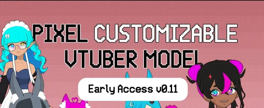 Pixelfy character customization screen with a veiled character on the left and a girl with pink and black hair on the right, promoting a pixel customizable VTuber model for early access version 0.11.