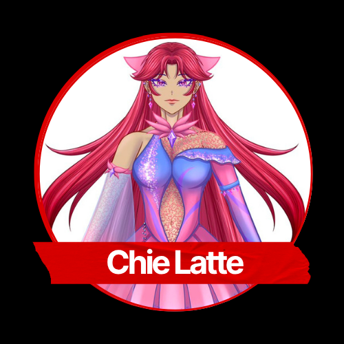 Digital illustration of a female character with long pink hair, wearing a colorful, fantasy-inspired outfit with purple and pink hues, and the name "Chie Latte" written on a red ribbon beneath her.