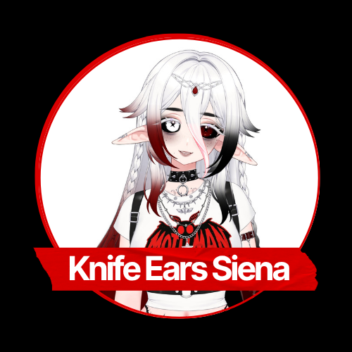 Anime-style character with white, black, and red hair, elf ears, and a black choker, wearing a Motörhead shirt, with the text 'Knife Ears Siena' on a red banner.