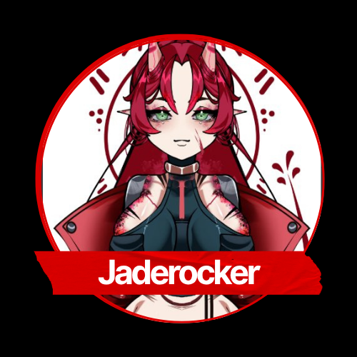 Anime-style character with red hair, horns, and green eyes, wearing a choker and a jacket, with a red banner labeled 'Jaderocker' beneath them.