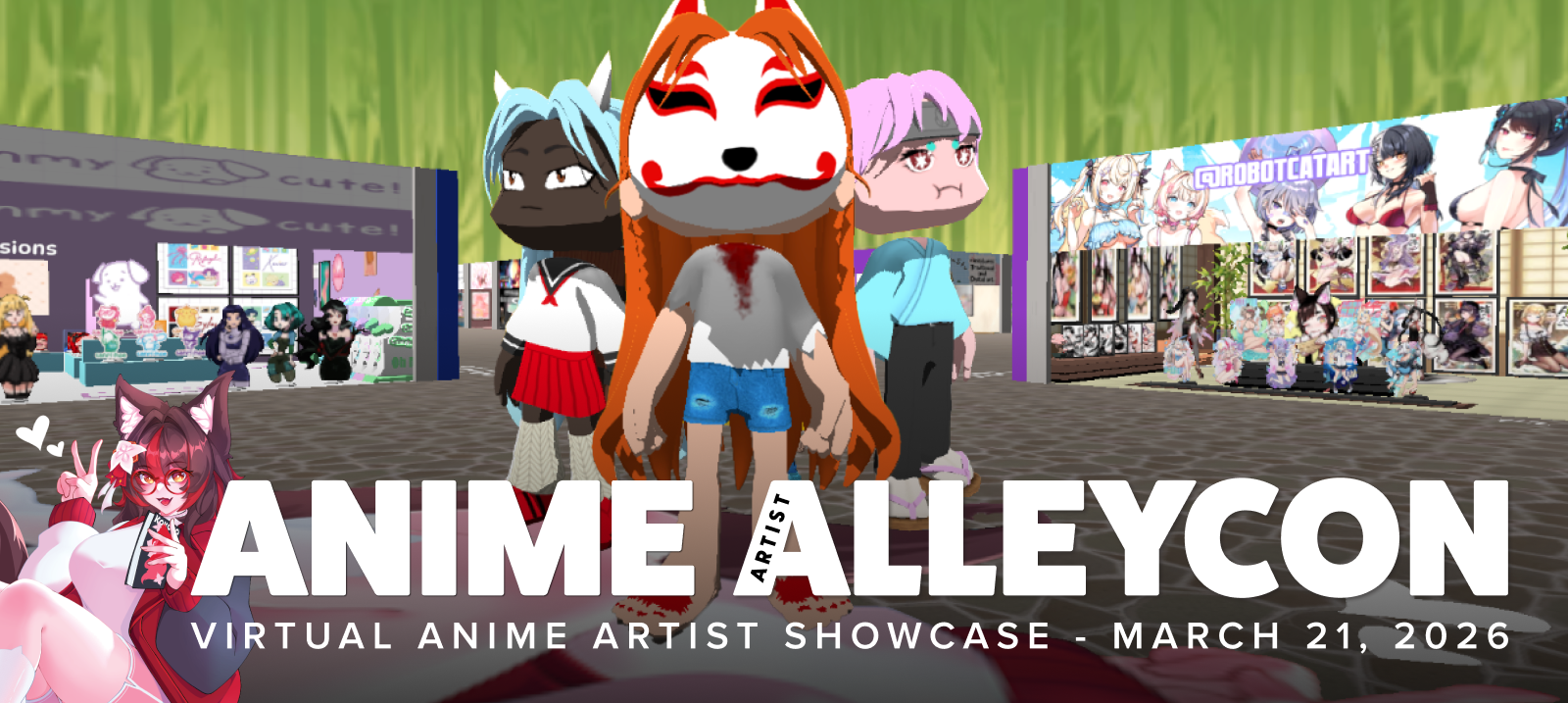 Virtual anime art artist showcase at Anime AlleyCon, March 21, 2026, with diverse anime-style characters and booth backgrounds.