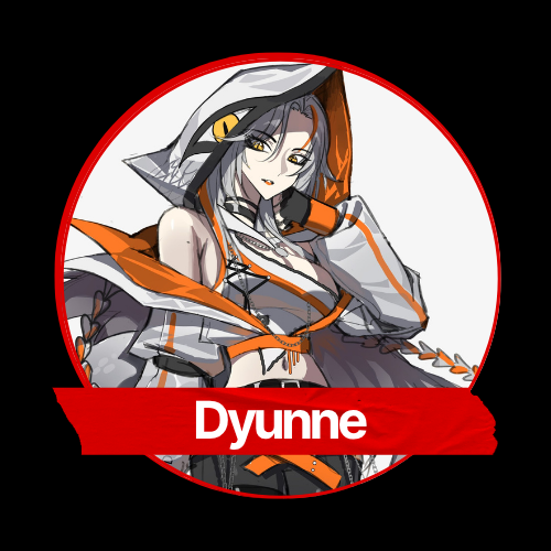 Anime-style character with black hair, yellow eyes, wearing an orange and gray hoodie with animal features, and a red banner with the name Dyunne