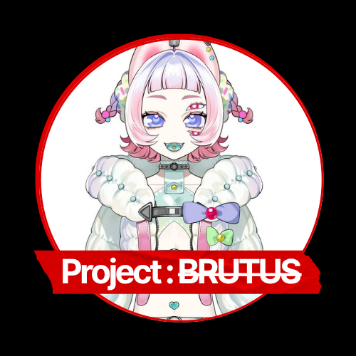 An animated character with pink hair and blue eyes, dressed in a colorful and elaborate outfit with bows and accessories, inside a circular red border with the text 'Project: BRUTUS' at the bottom.
