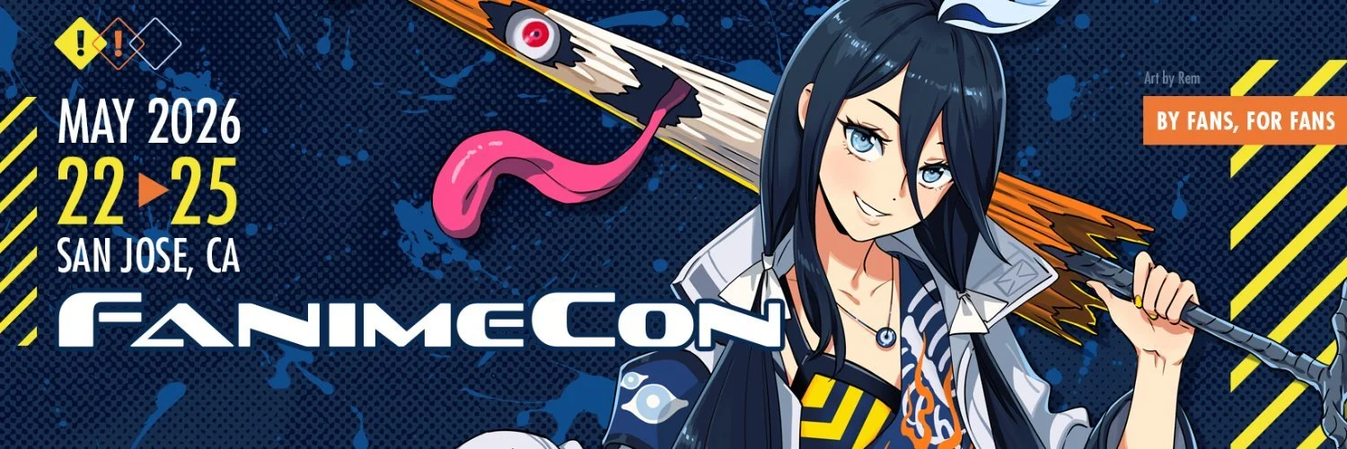 Promotional graphic for FanimeCon 2026, taking place from May 22 to 25 at San Jose, CA. Features an anime-style character with long dark hair holding a wooden staff, with bold colors and comic book style design.