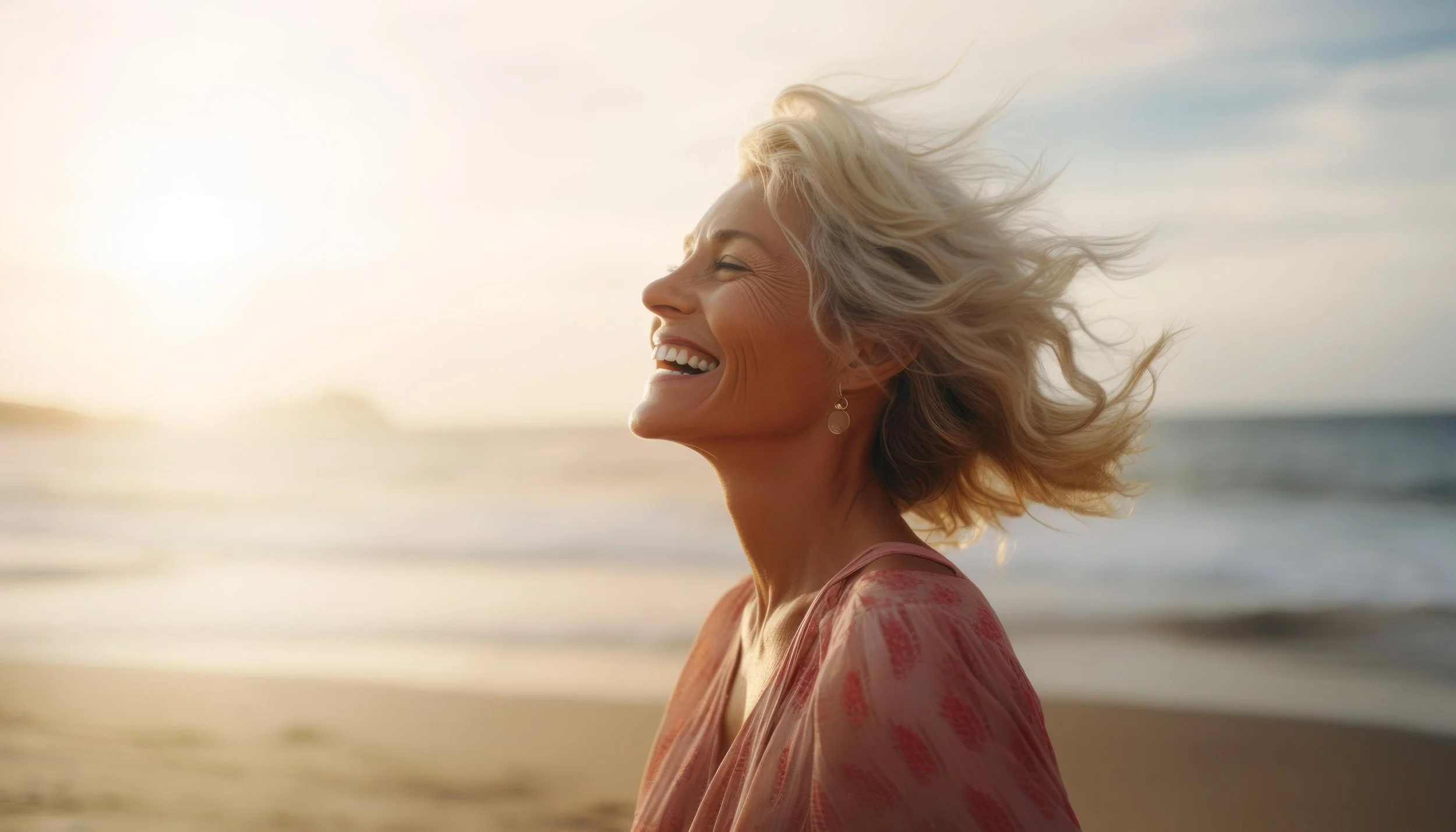 A smiling woman with blonde, wavy hair enjoying herself on the beach at sunset.