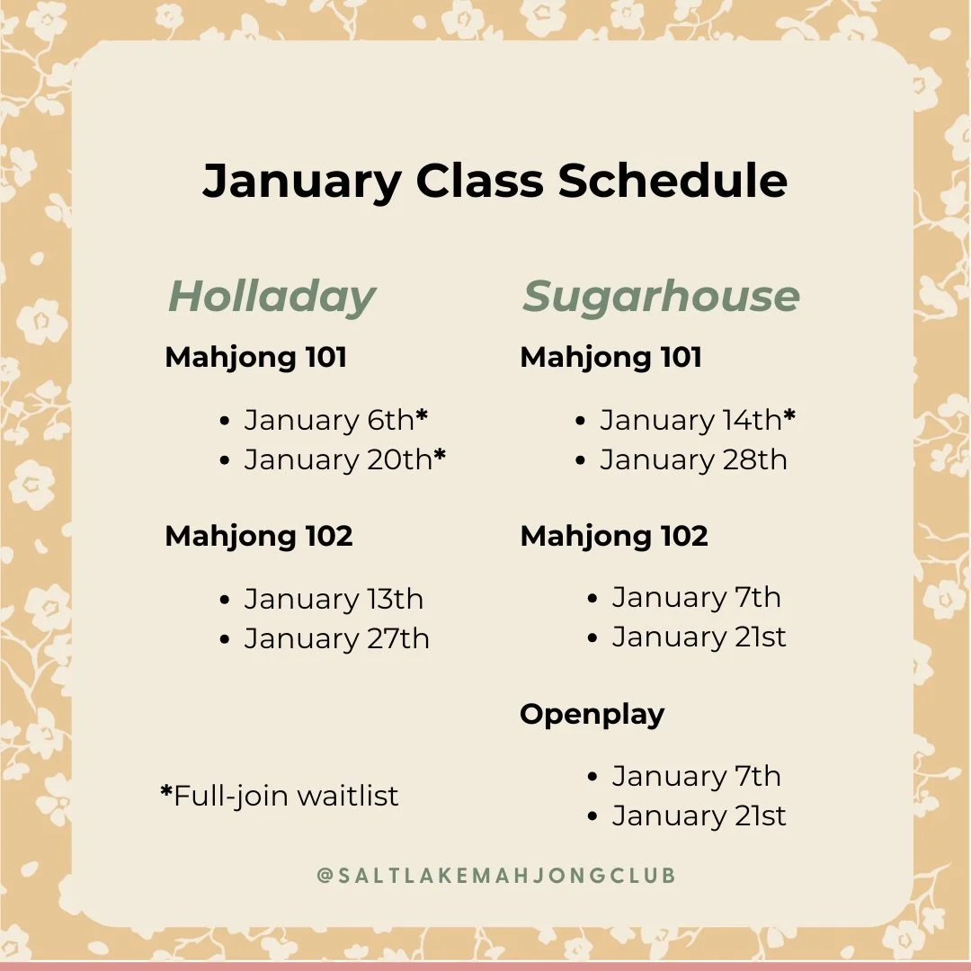 Upcoming mahjong classes in January. Beginner packages are live. Buy a beginner package and get a discount on Mahj 101, 102, and your first open play. Click the link in our bio. 

#learnmahjong #utahactivites #saltlakecity #girlsnihgtout