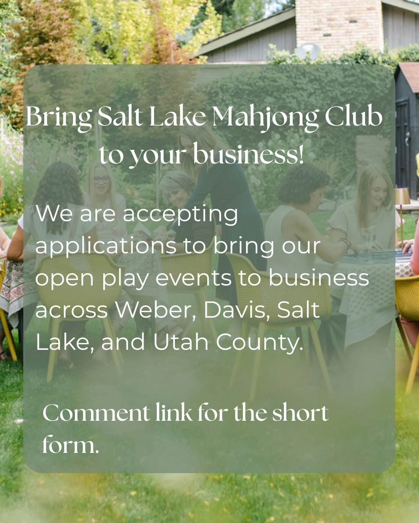 Imagine your space filled with the soft clink of tiles, warm conversation, and guests who linger just a little longer.

That&rsquo;s what mahjong night feels like.

We&rsquo;re partnering with a select number of businesses across Salt Lake, Utah, Dav