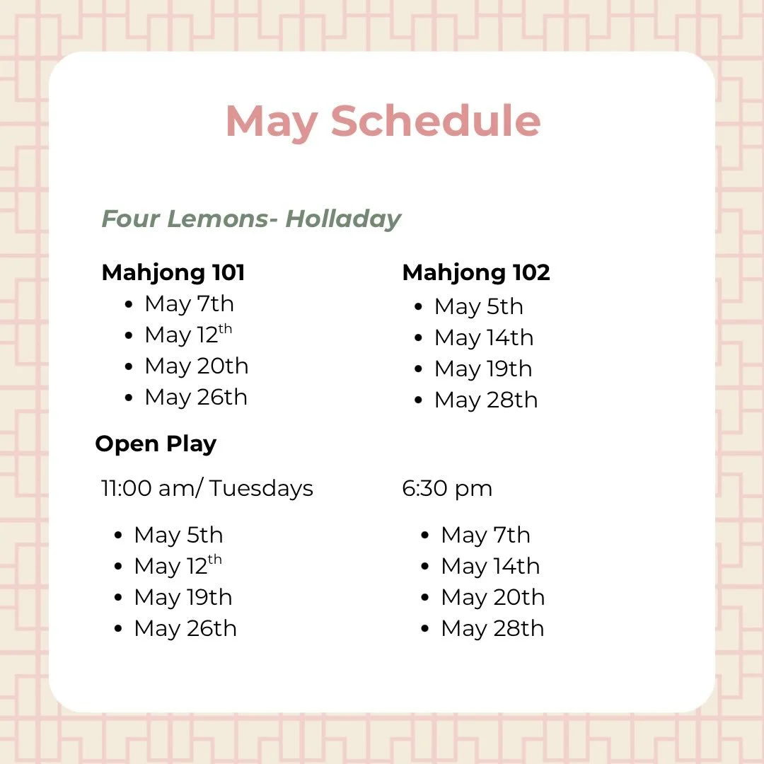 Join the club! Our May and June classes and open play @fourlemonsart are live. You can book by going to the links in our profile or head to our website at www.saltlakmahjongclub.com and click book.