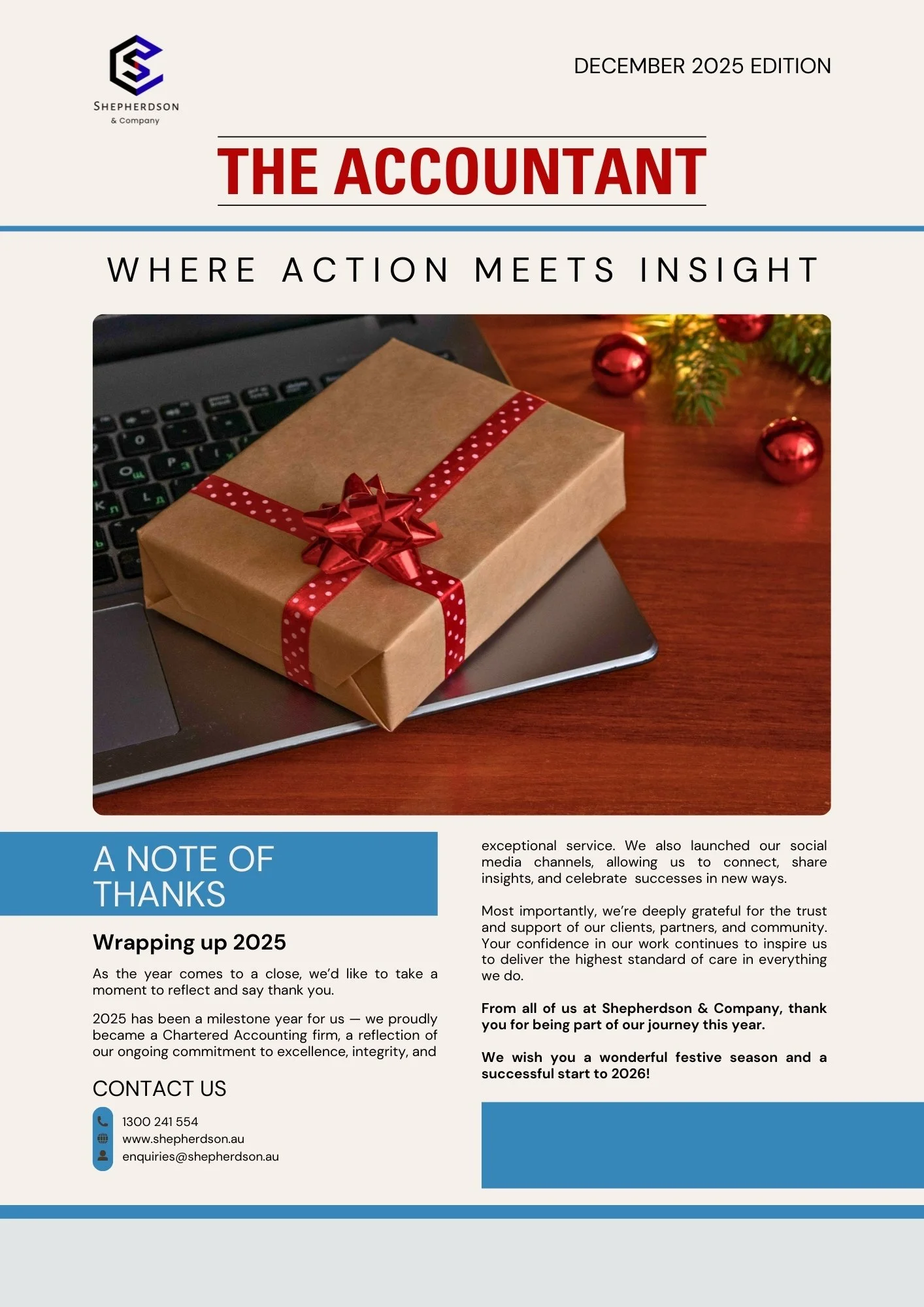 Holiday-themed newsletter with a gift box wrapped in brown paper, red ribbon, and bow, placed on a laptop keyboard with Christmas ornaments in the background.